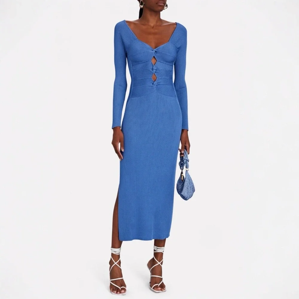 Cult Gaia Melissa Long Sleeve Knit Midi Dress Size Large Ribbed Stretch - Picture 13 of 13